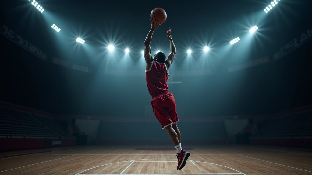 لاعب كرة سلة احترافي يقوم بحركة تصويب درامية على ملعب مضاء بإضاءة سينمائية