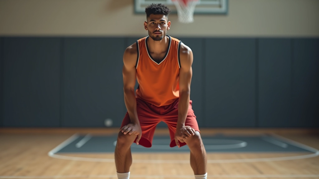 لاعب كرة سلة في موقف دفاعي صحيح مع ثني الركبتين وقدمين متباعدتين، في صالة رياضية مضاءة جيداً
